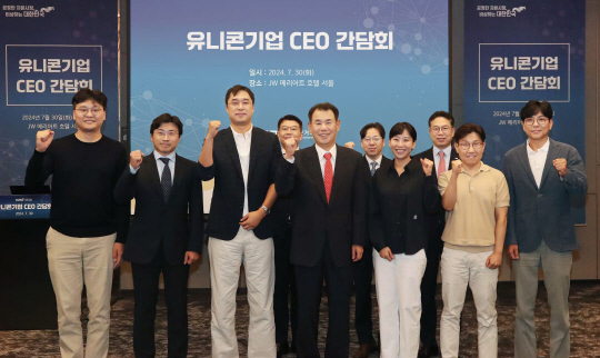 한국거래소는 2024년 7월 30일 정은보 이사장과 유니콘 기업 6곳의 최고경영자가 간담회를 했다고 밝혔다. 왼쪽부터 이승건 비바리퍼블리카 대표, 이주완 메가존클라우드 대표, 마국성 아이지에이웍스 대표, 정은보 한국거래소 이사장, 이슬아 컬리 대표, 박준모 무신사 대표, 안성우 직방 대표.  한국거래소